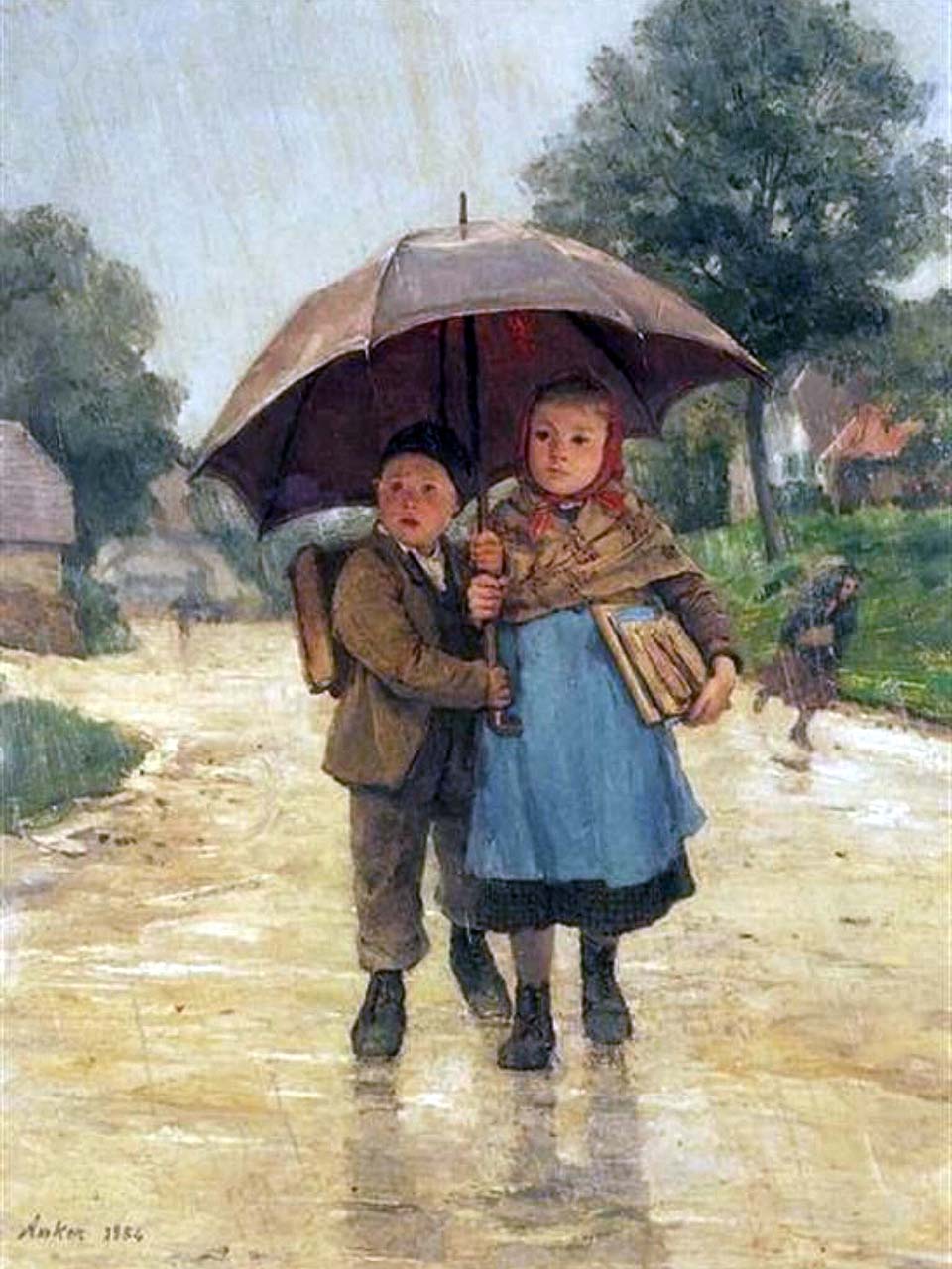 Enfants allant à l'école sous un parapluie - 1884