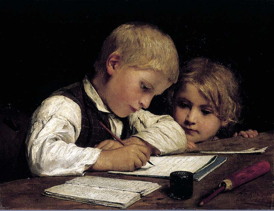 Garçon écrivant devant sa sœur - 1875