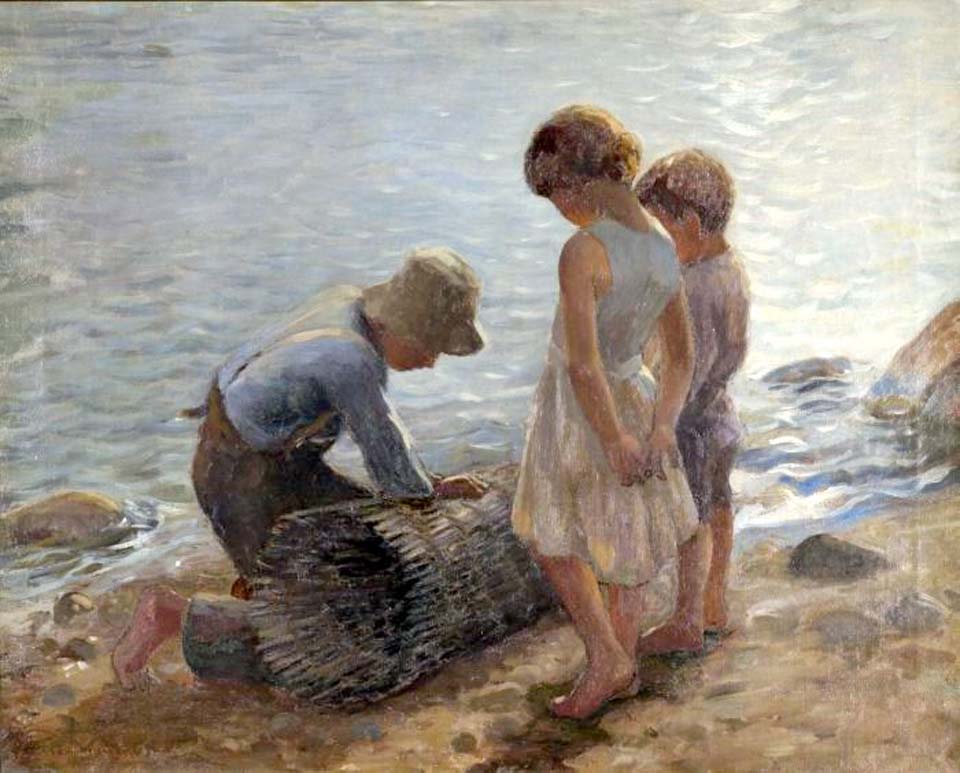 Children on seashore with lobsterman