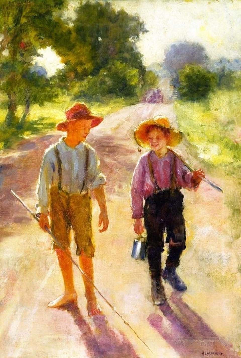 Two boys on a lane going fishing