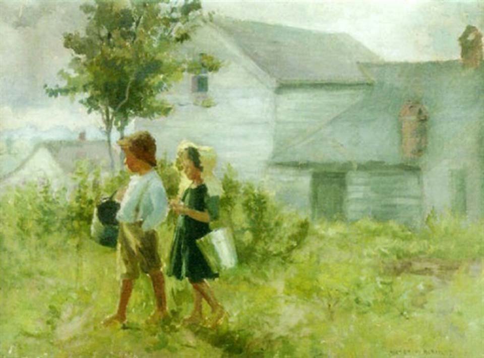 Two children walking with pails