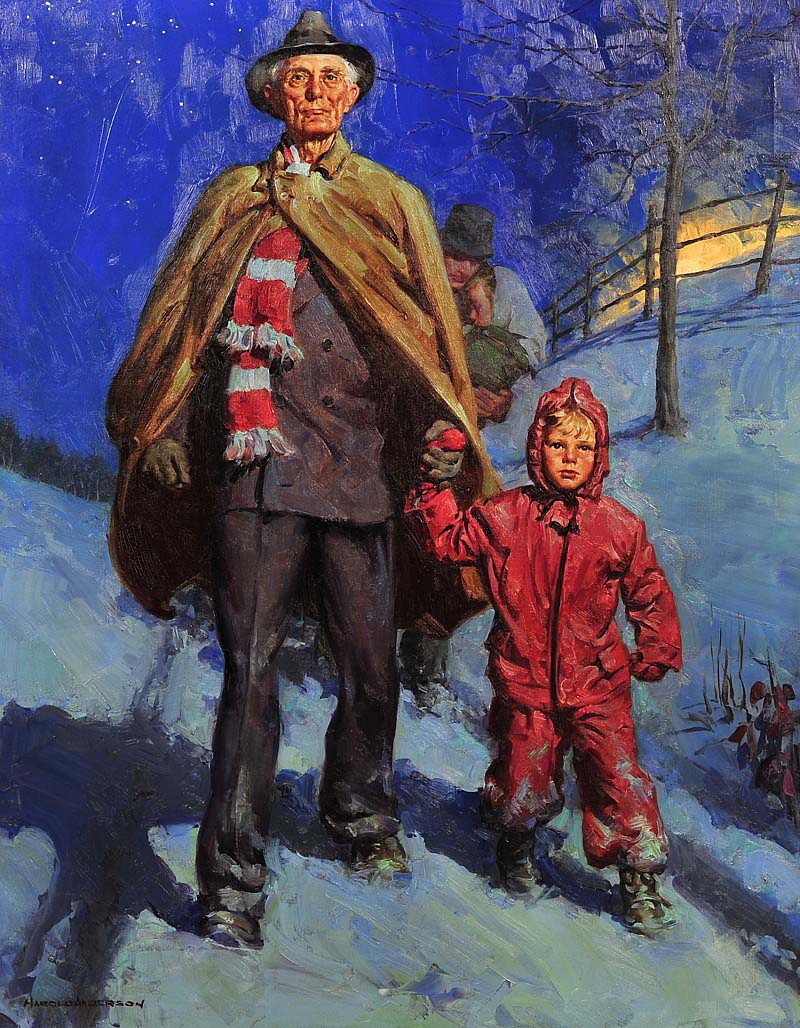 Man and grandson walking in the snow
