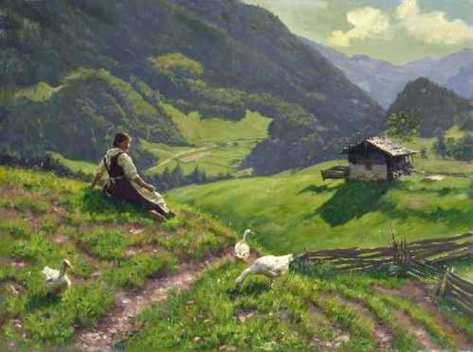 Maid with geese on the alpine meadow