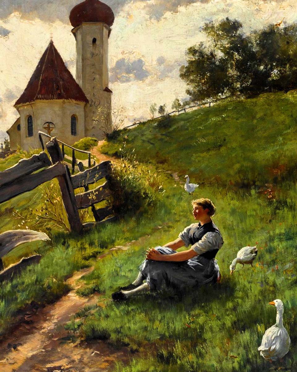 The girl with the geese in the meadow