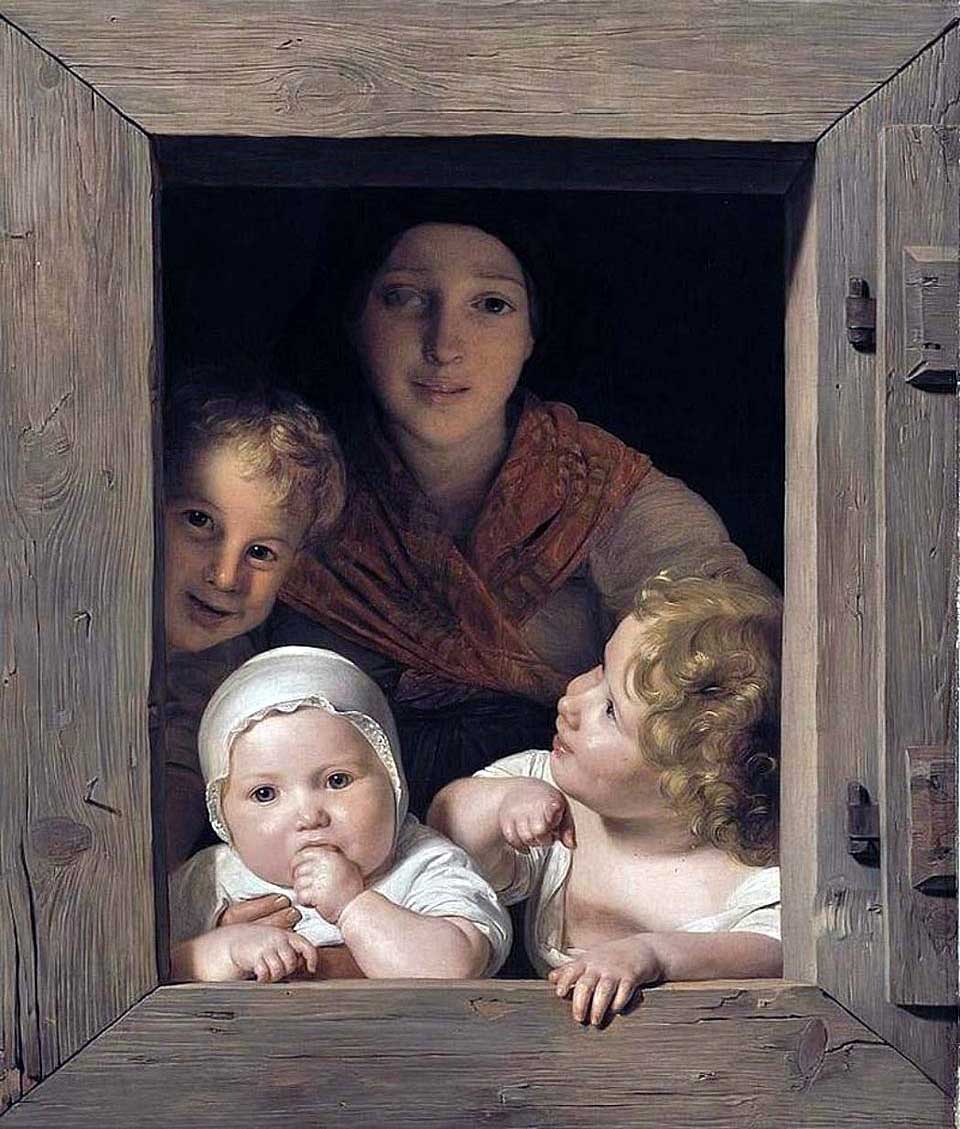 Young peasant woman with three children at the window