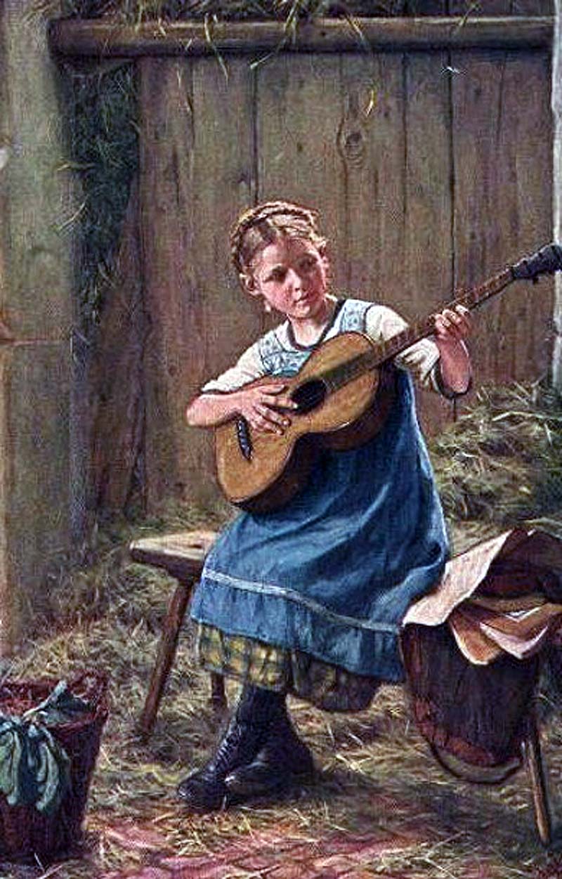 Girl with guitar in the barn