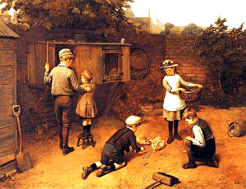 Children feeding the rabbits