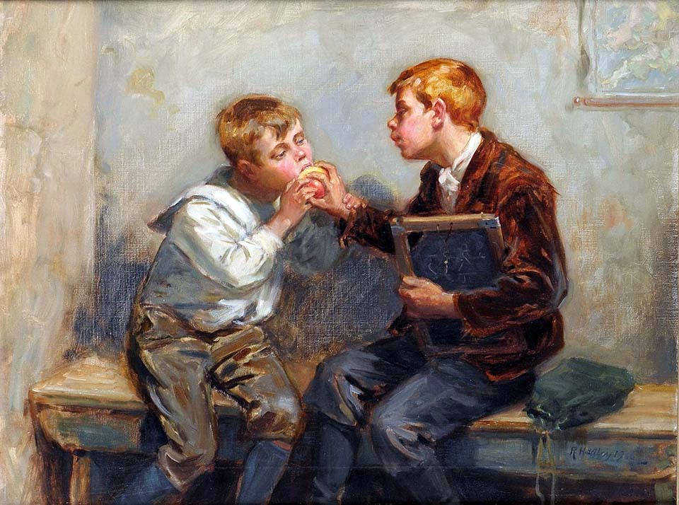 Two schoolboys sharing an apple
