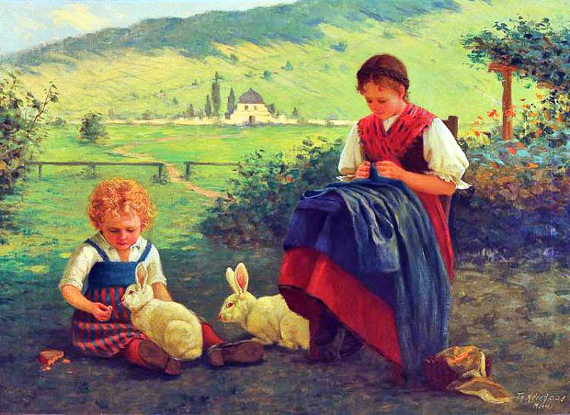 Child with rabbits and mother