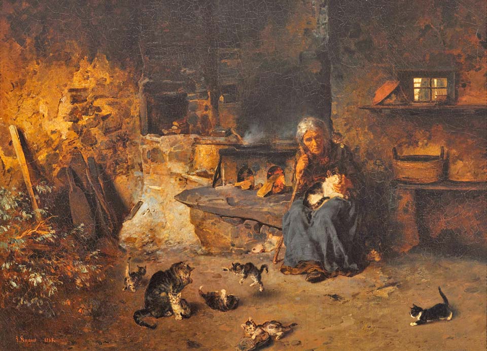Old farmer's wife with playing kittens