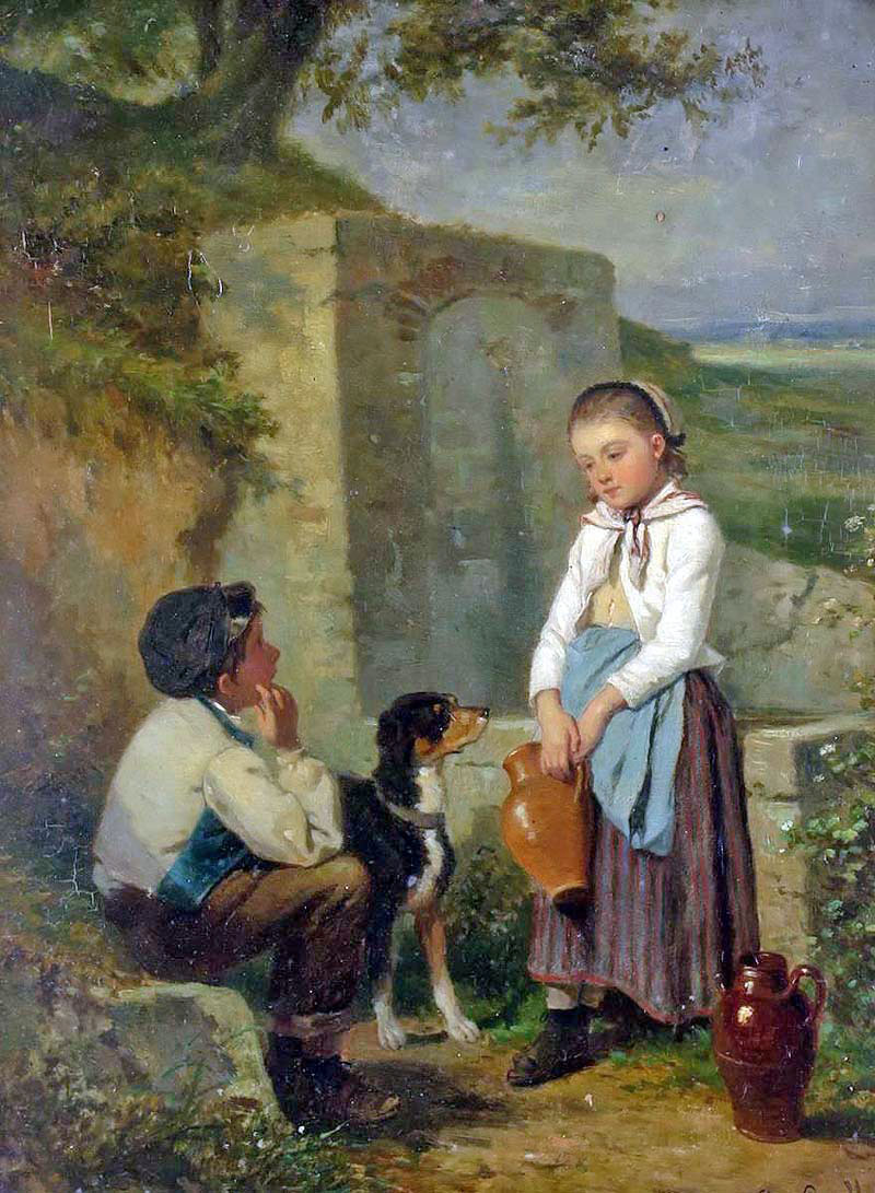 Children and their dog by a well