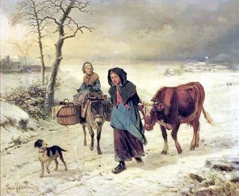 Farmgirls on a path in winter