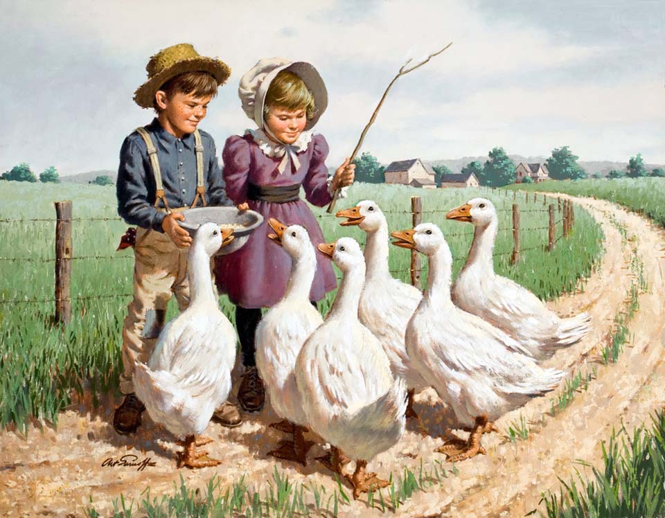 Children feeding geese