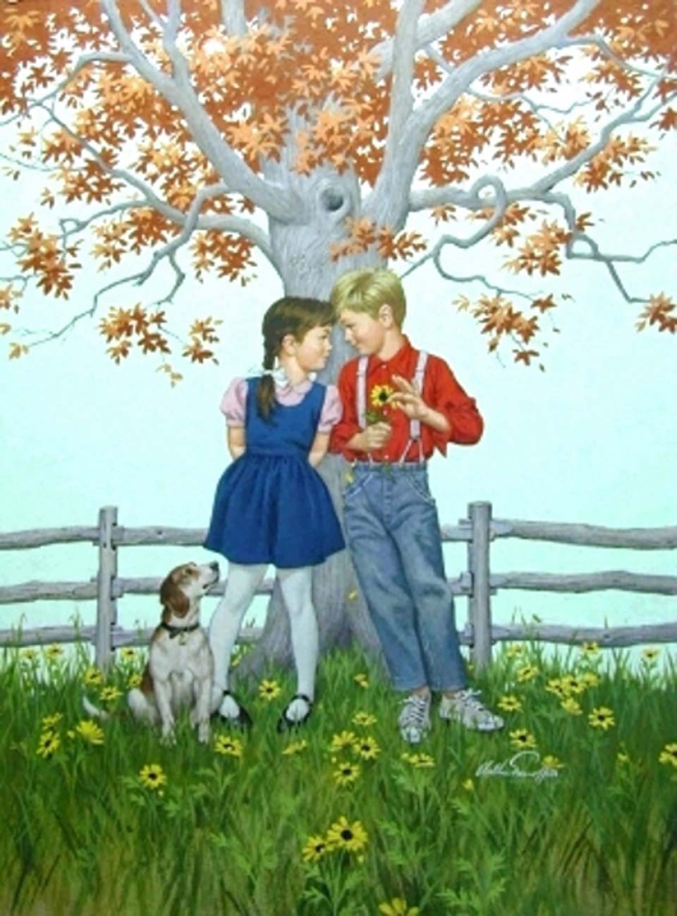 Kids and dog under tree