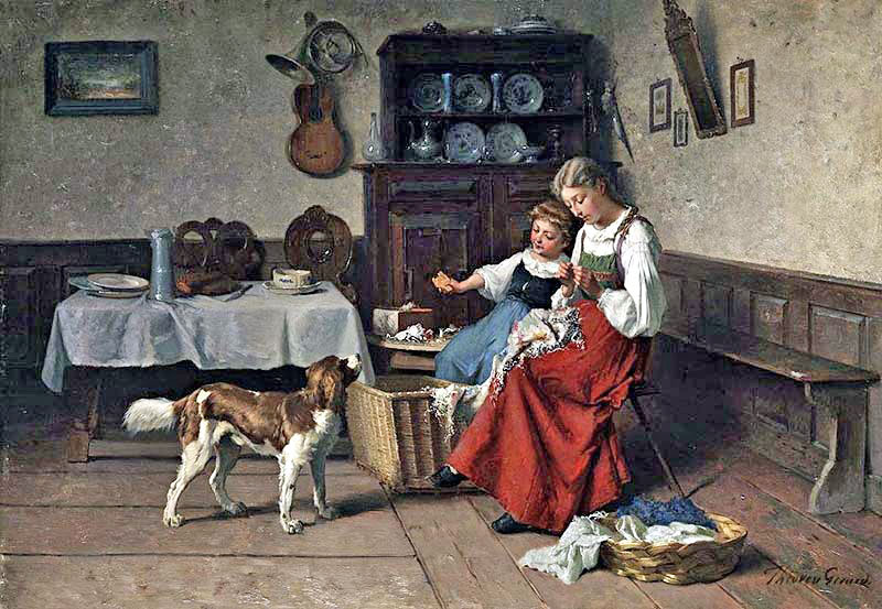 Two young girls with a dog in rural interior