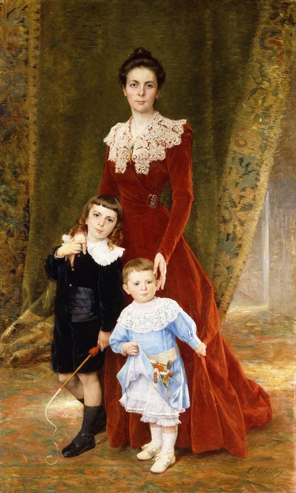Portrait of a lady standing full lenght with her children