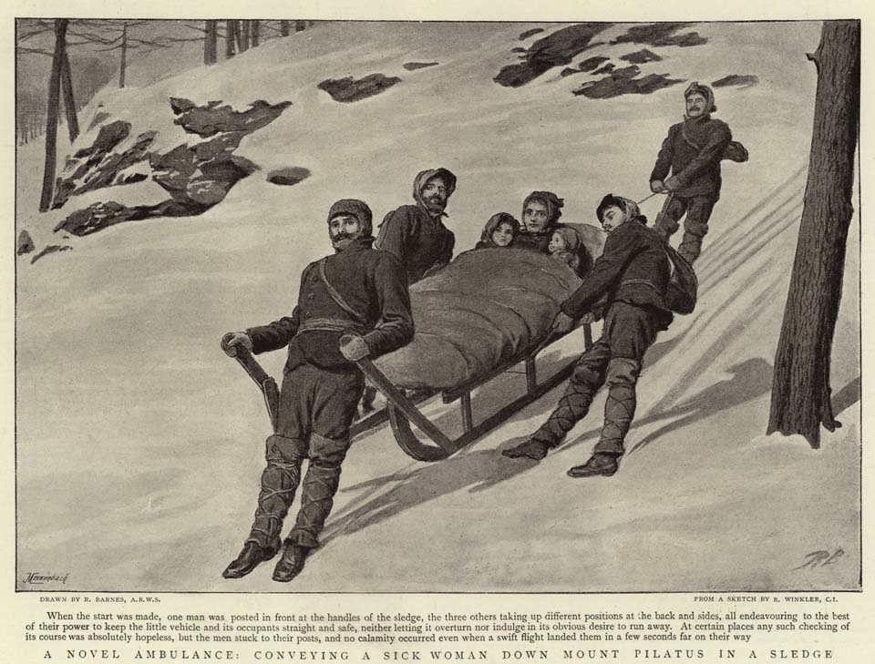 A novel ambulance conveying a sick woman down Mount Pilatus in a sledge