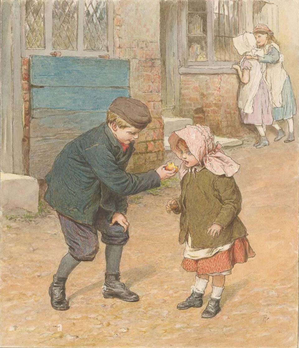 Boy holding an apple for a girl