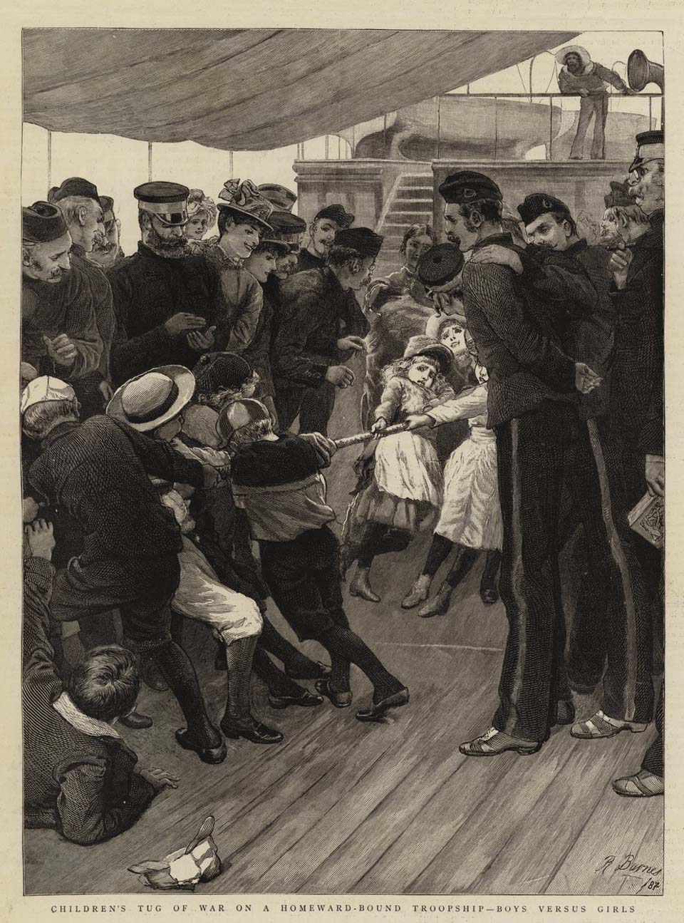 Children's tug of war on a homeward-bound troopship - Boys versus girls