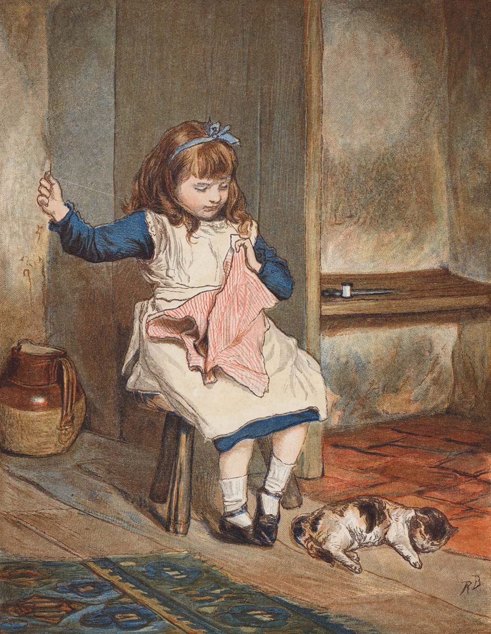 Girl sewing with cat at her feet