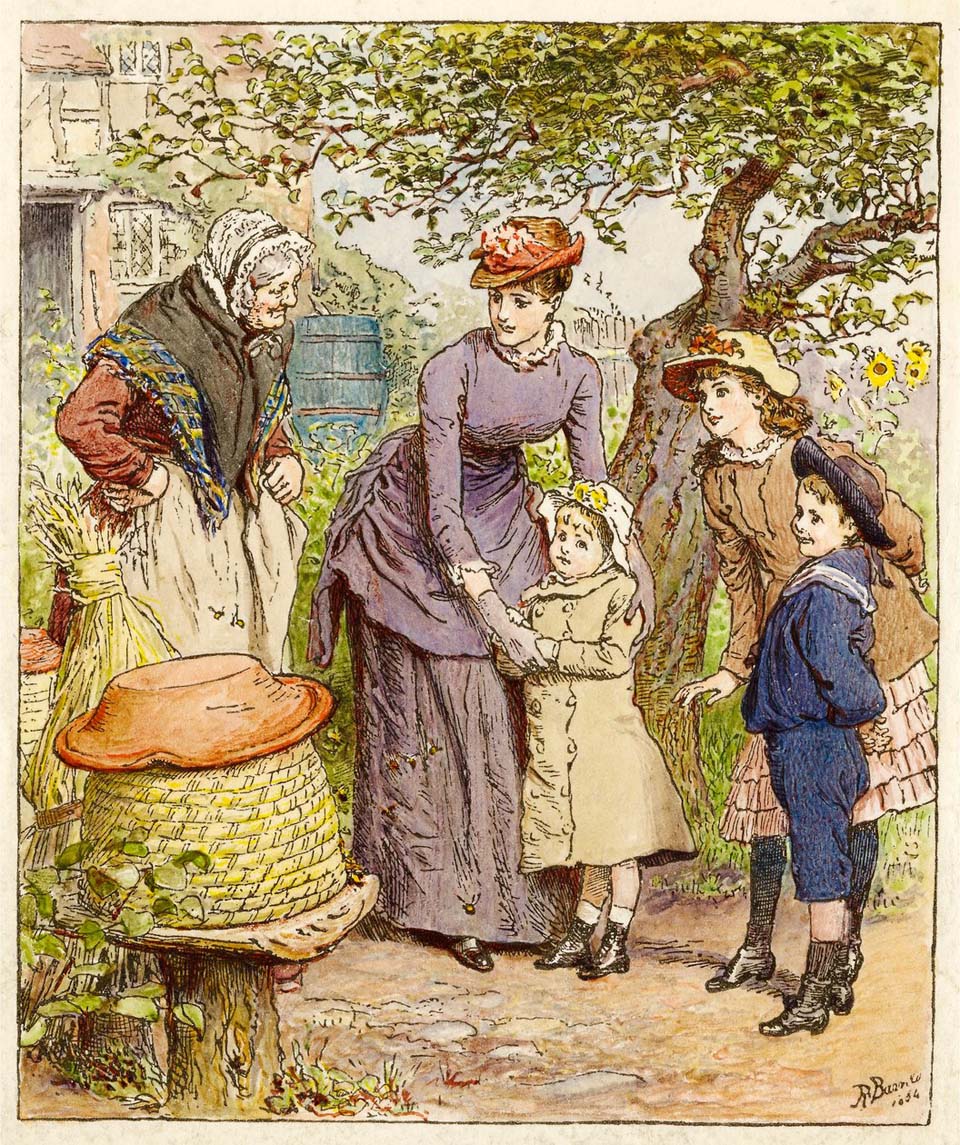 Mother and children by a beehive