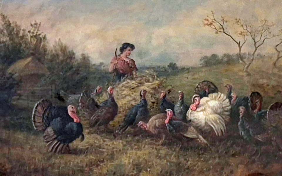 Landscape with farm girl and turkeys