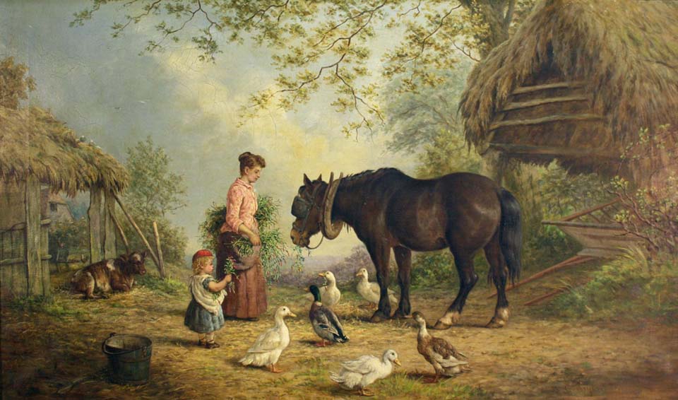 Woman and child feeding a horse near ducks and a calf