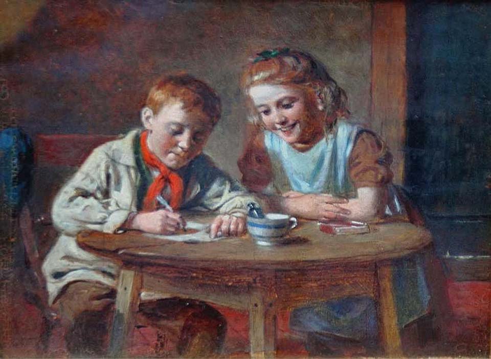 A boy writing a letter, watched by his sister