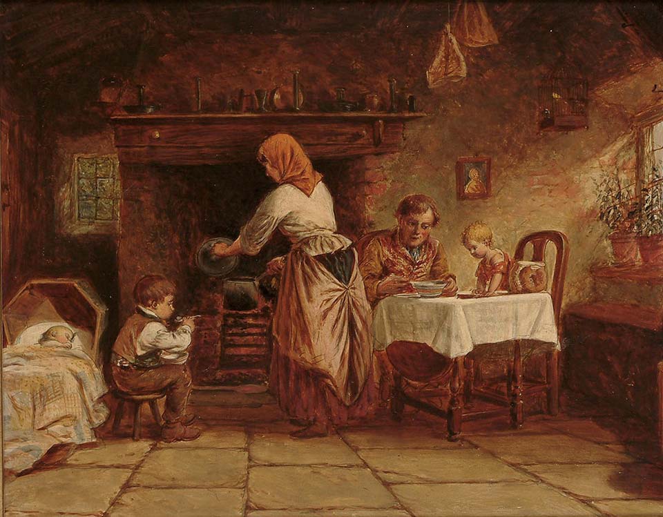 A family in a cottage interior