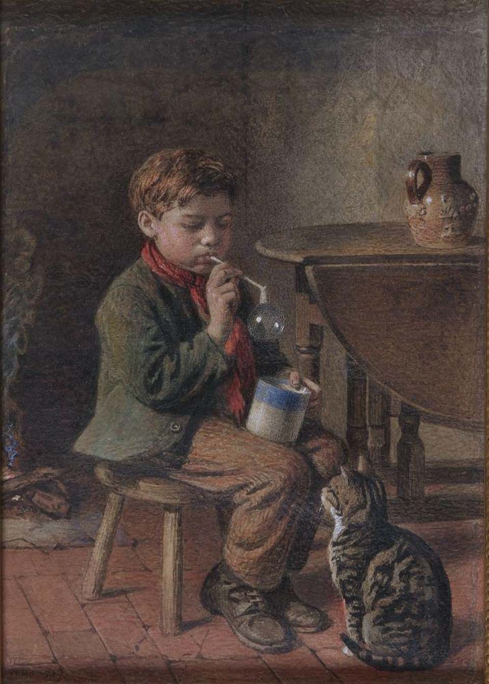 Boy blowing a bubble, being watched by a cat