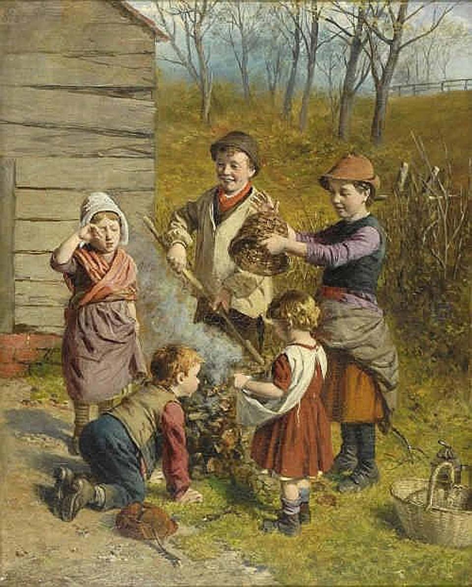 Children burning leaves in a garden