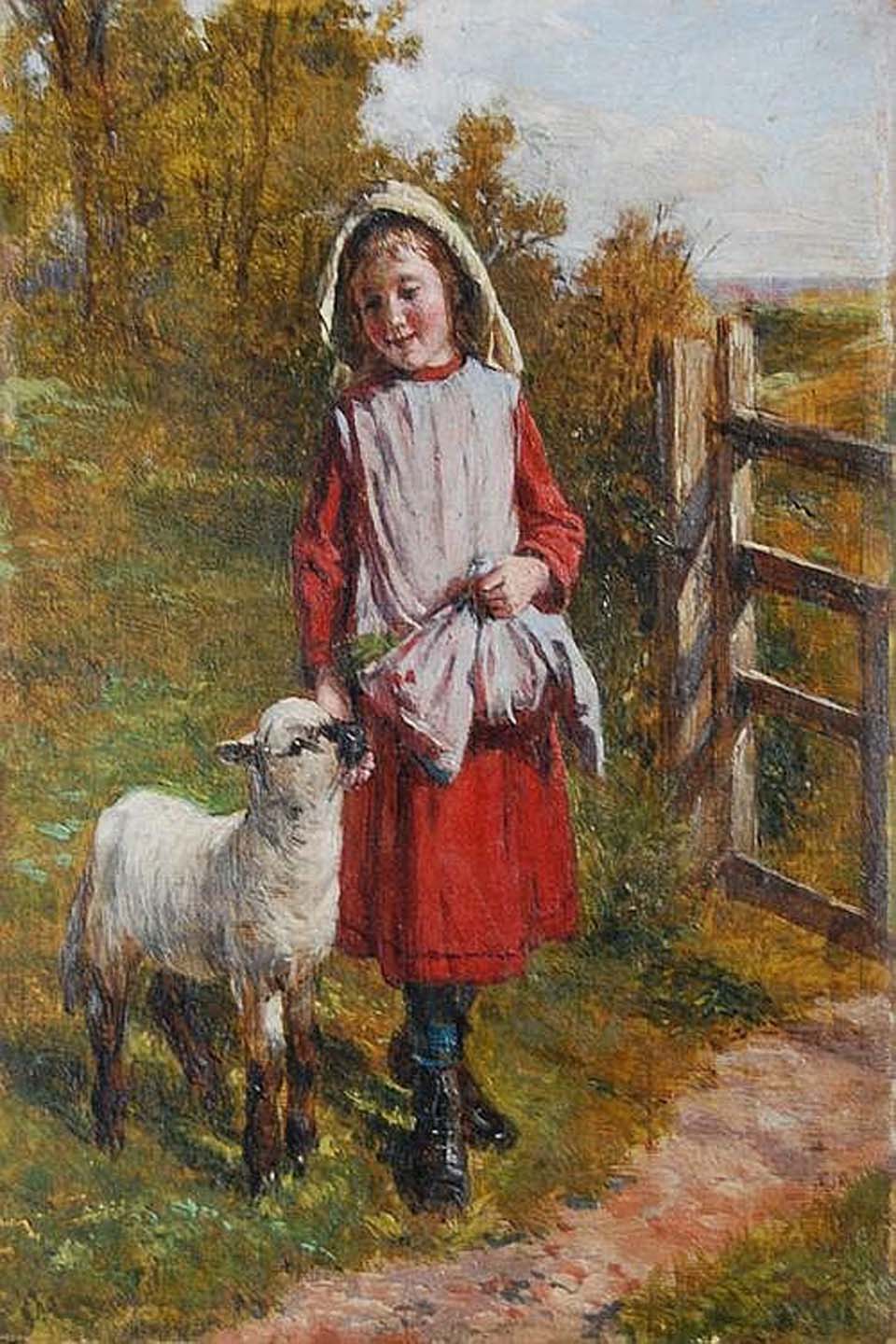 Girl with a lamb by a gate