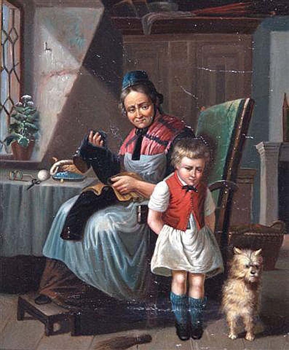 Interior with mother, child and dog