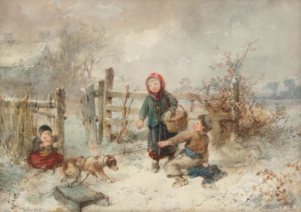 A winter scene with children, and a dog and sleigh