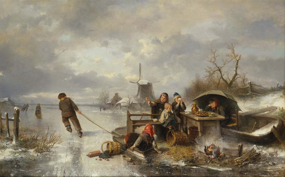 Children playing on a frozen lake in a winter landscape