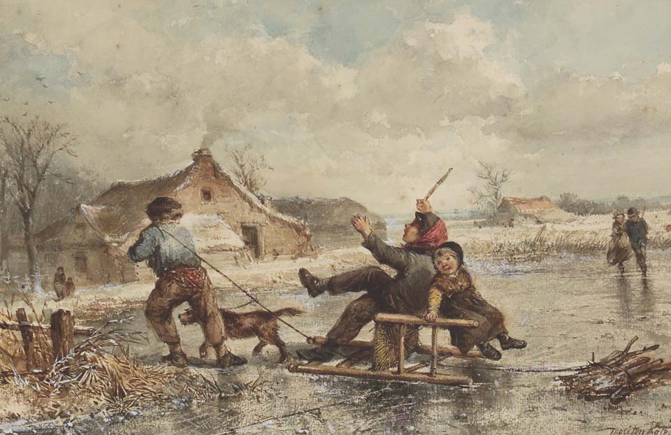 Children playing on a frozen lake