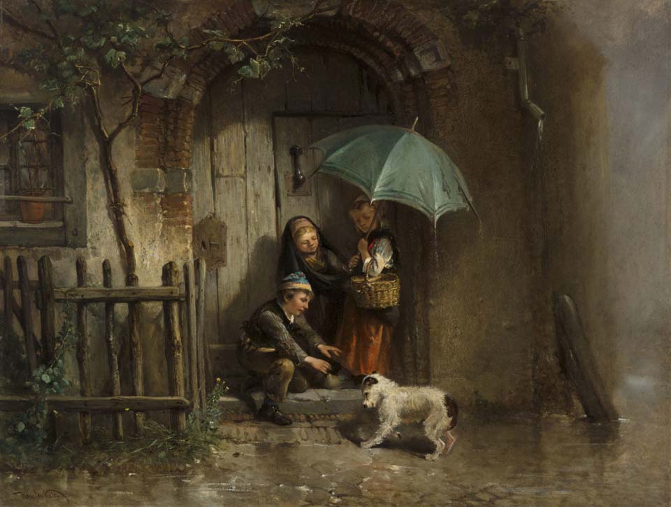 Children taking shelter from the rain