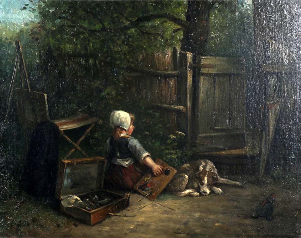 Girl with painter's chest and dog in a garden