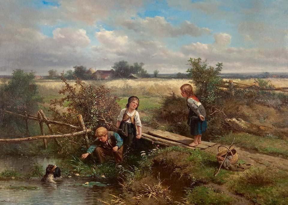 Three children and a dog with a cap floating in the water