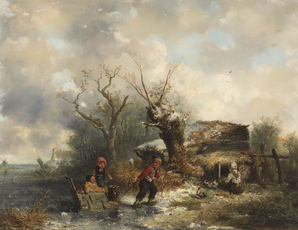 Winter landscape with children playing