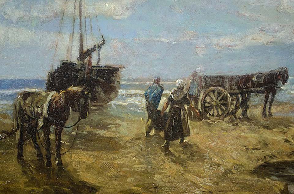 Beach scene with fishing boat, horse-drawn cart and figures