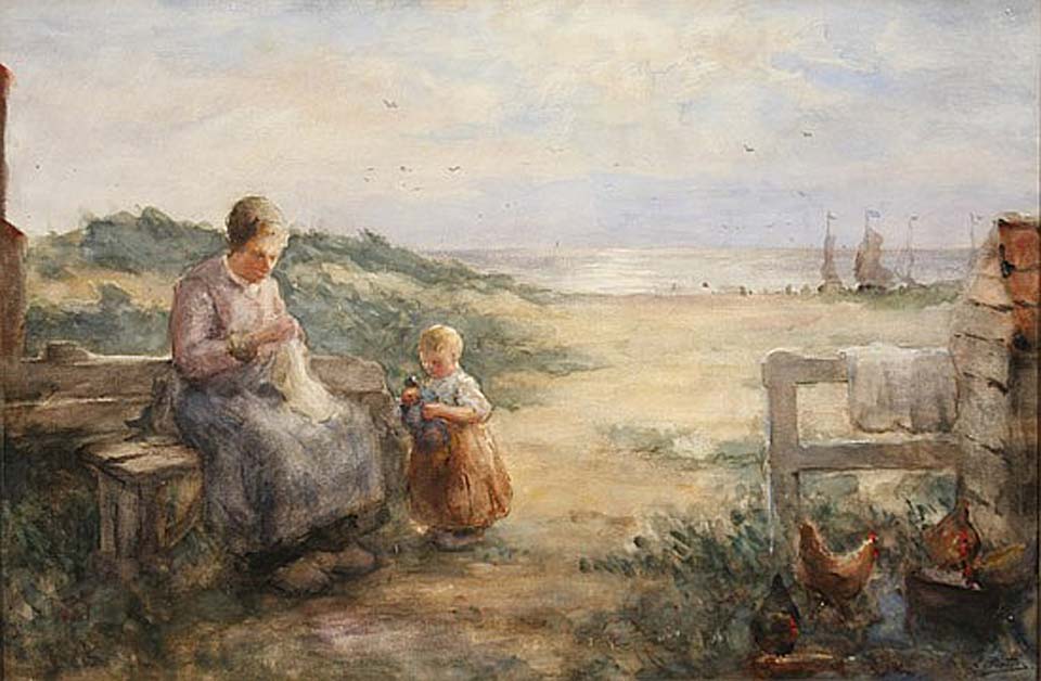 Mother and child by a garden gate