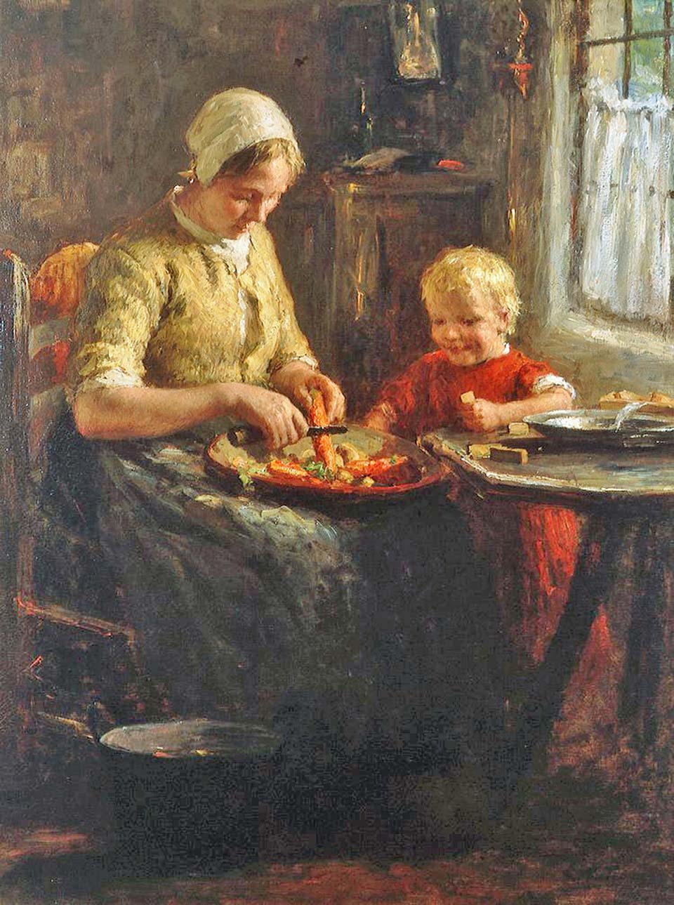 Mother and child peeling carrots