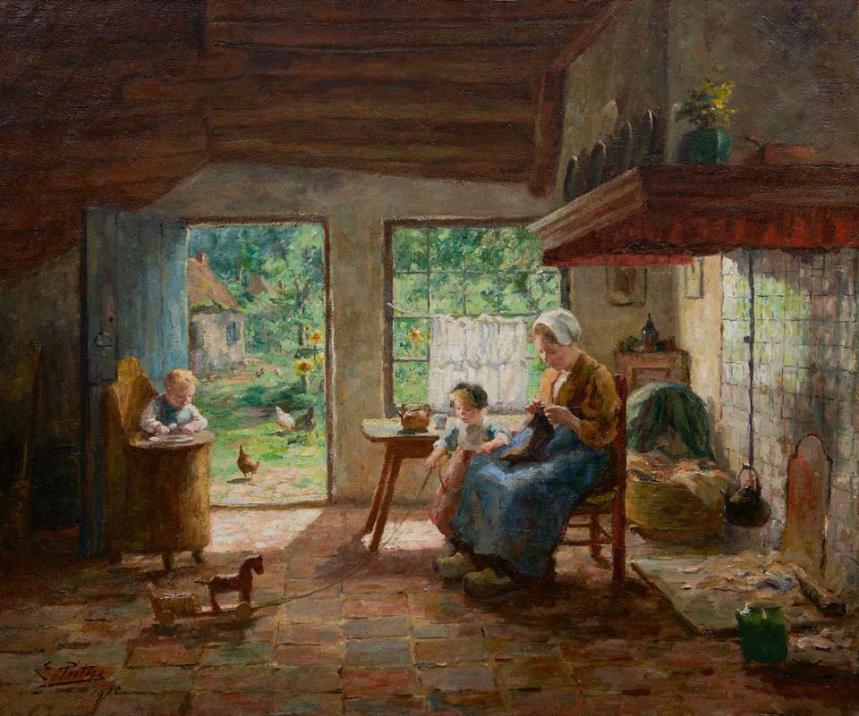 Mother and children in a sunny farmhouse