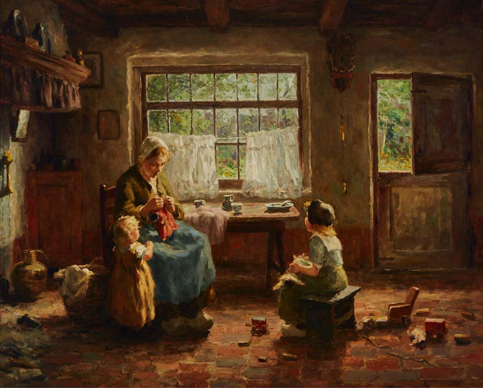 Mother mending dolly in a sunlit kitchen