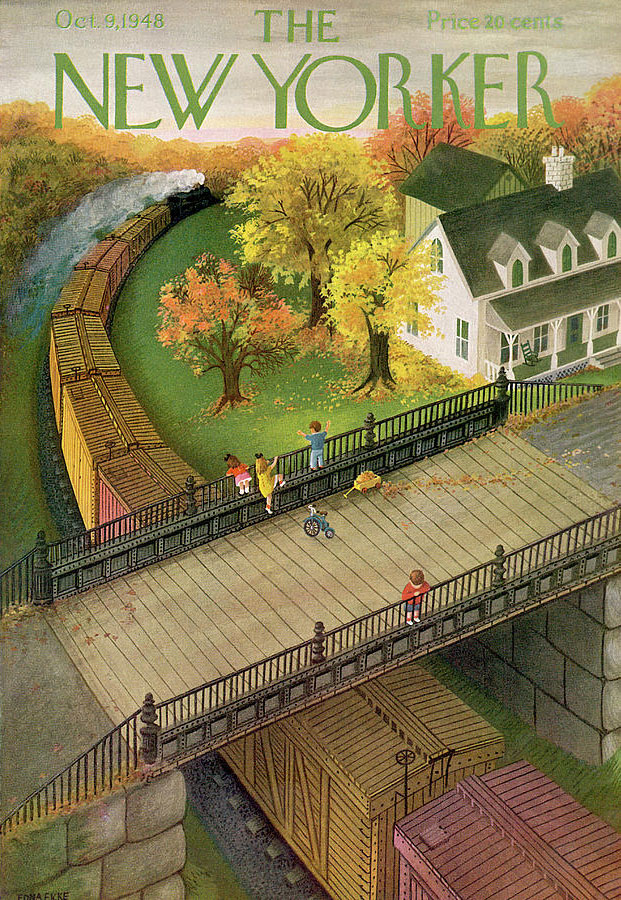 Children play on a bridge as a train passes below.