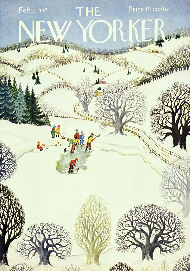 Winter scene with children shoveling snow from a frozen pond.