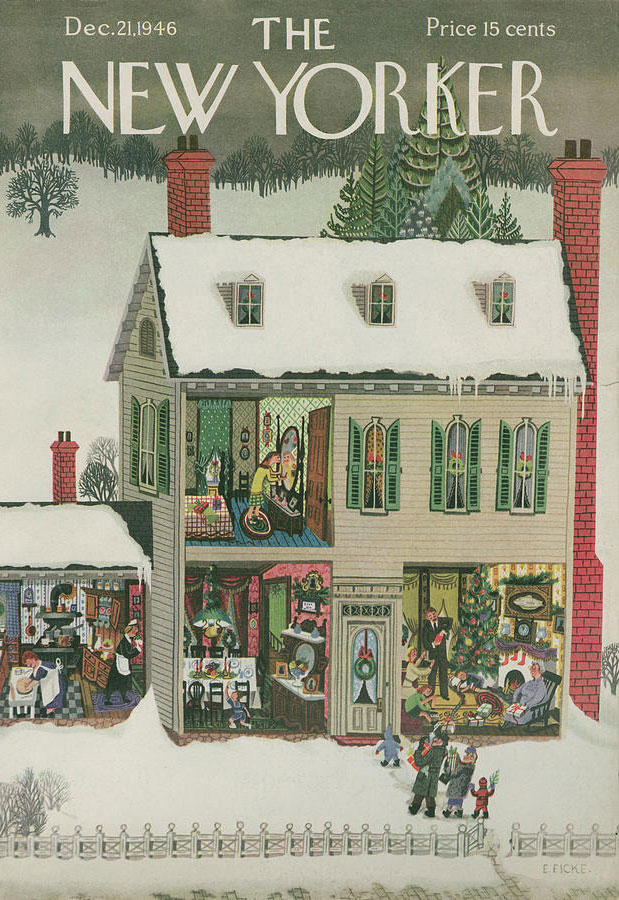 Cross section of a country house in a rural Christmas Scene.