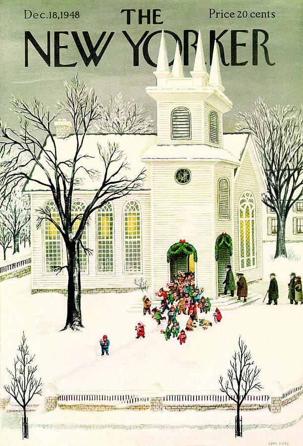 Parishioners enter and exit a church on a snowy day during the holiday season.