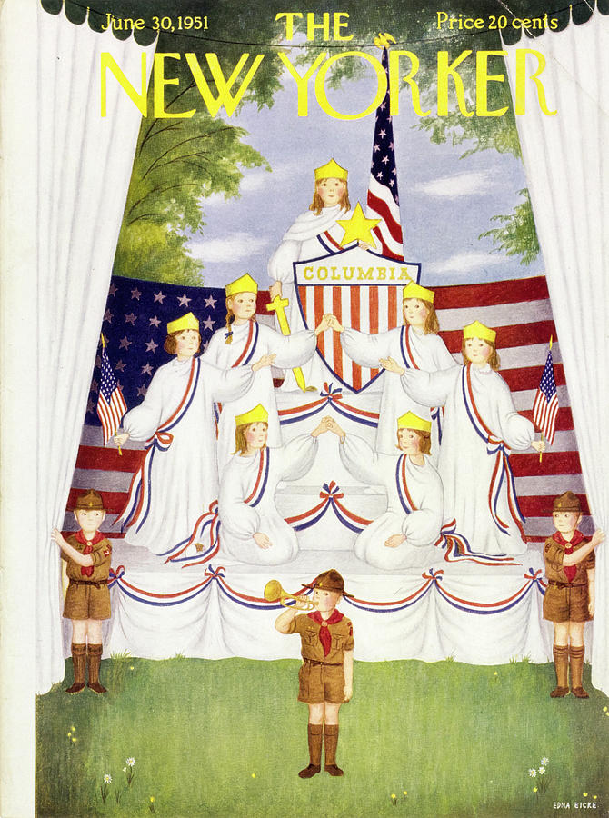 Boy scouts presenting little girls who are costumed in white dresses with red, white and and blue sashes to represent the United States.
